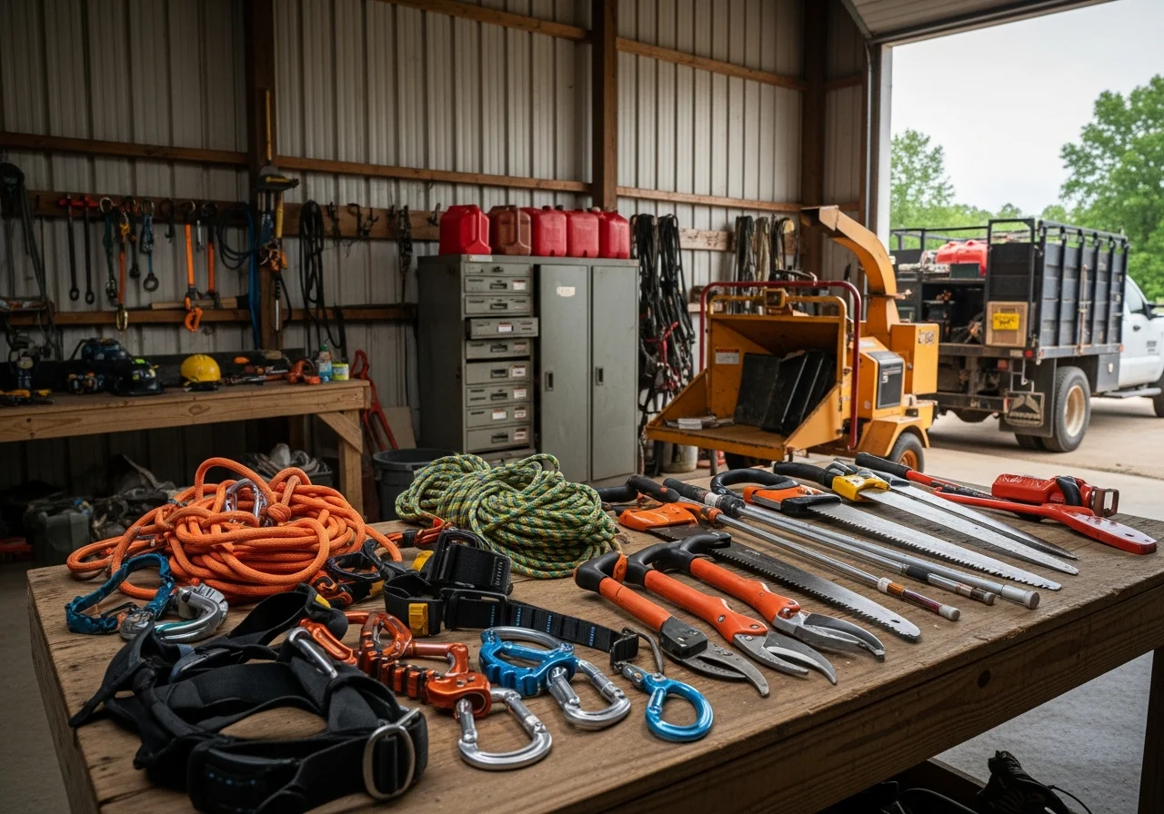 Tree service crew equipment and tools ready for residential tree work, including climbing gear and cutting implements.