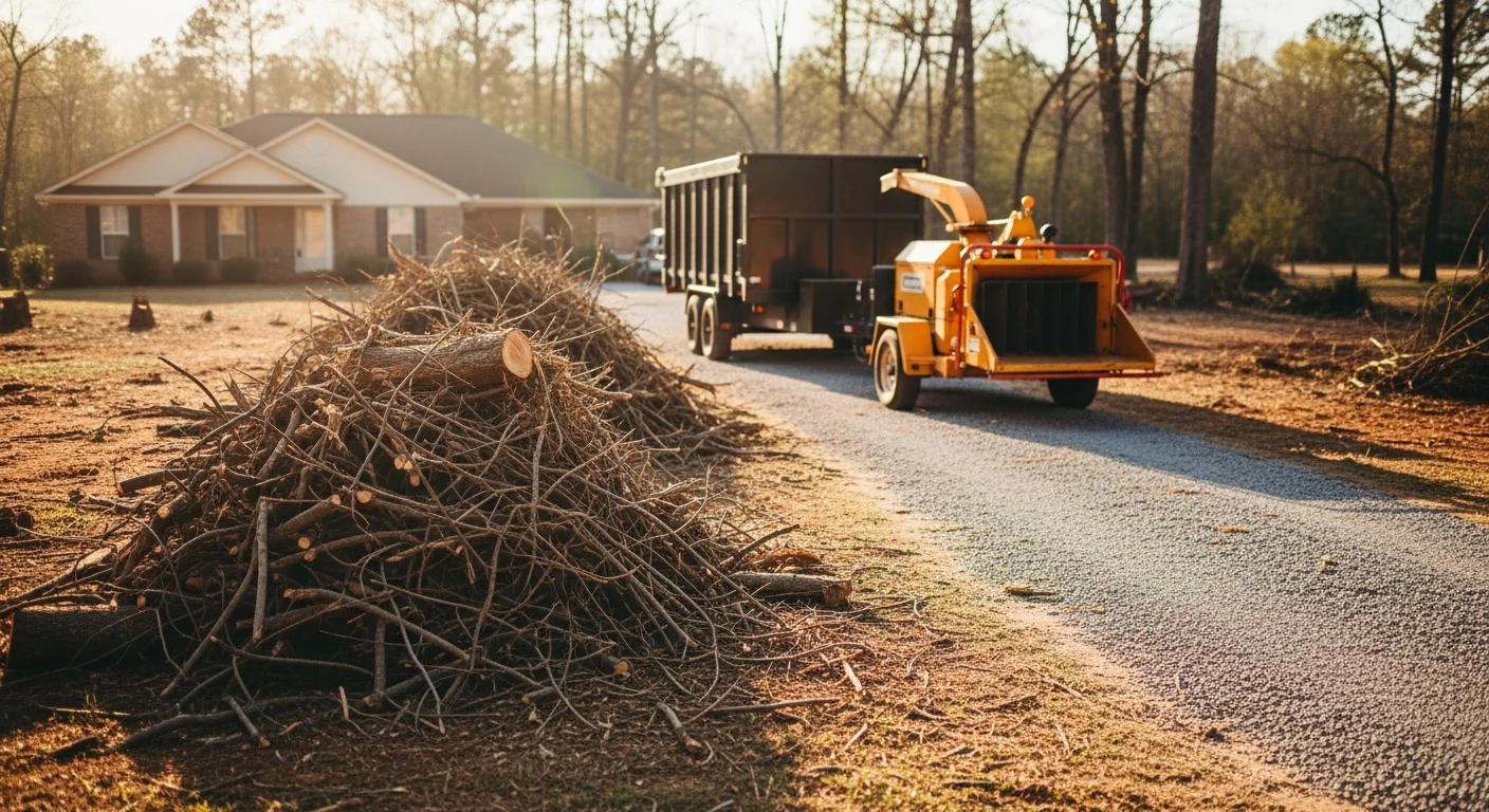 Debris removal crew clearing fallen branches and logs from residential yard