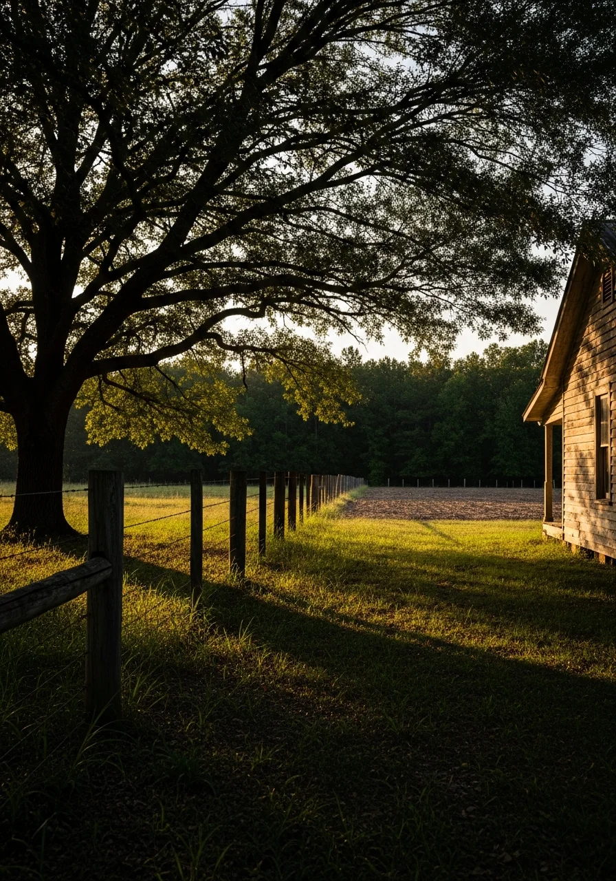 Alcorn County farmhouse with open land and mature trees in the background.