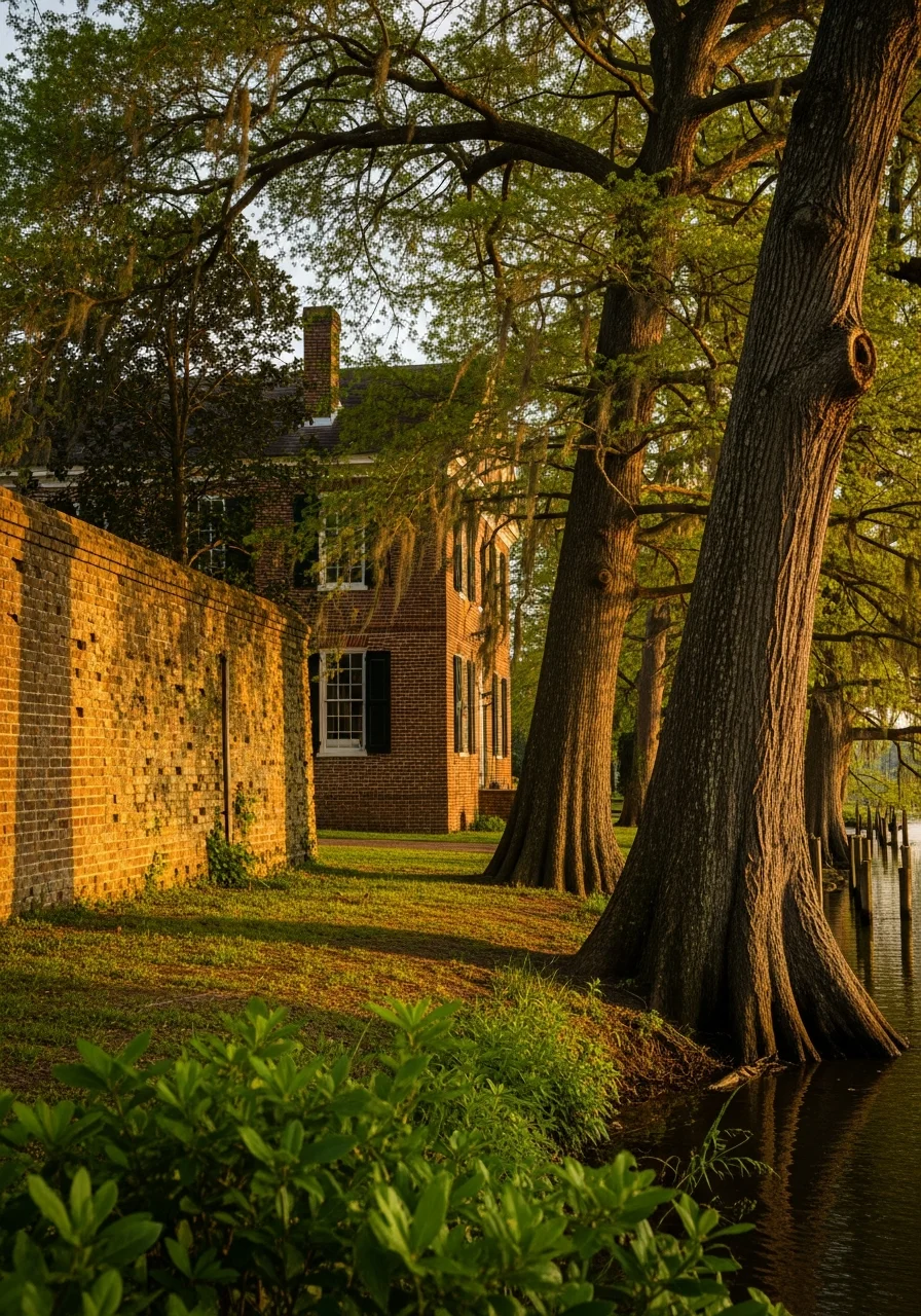Hardin County historic property with period architecture and mature trees along the waterfront.