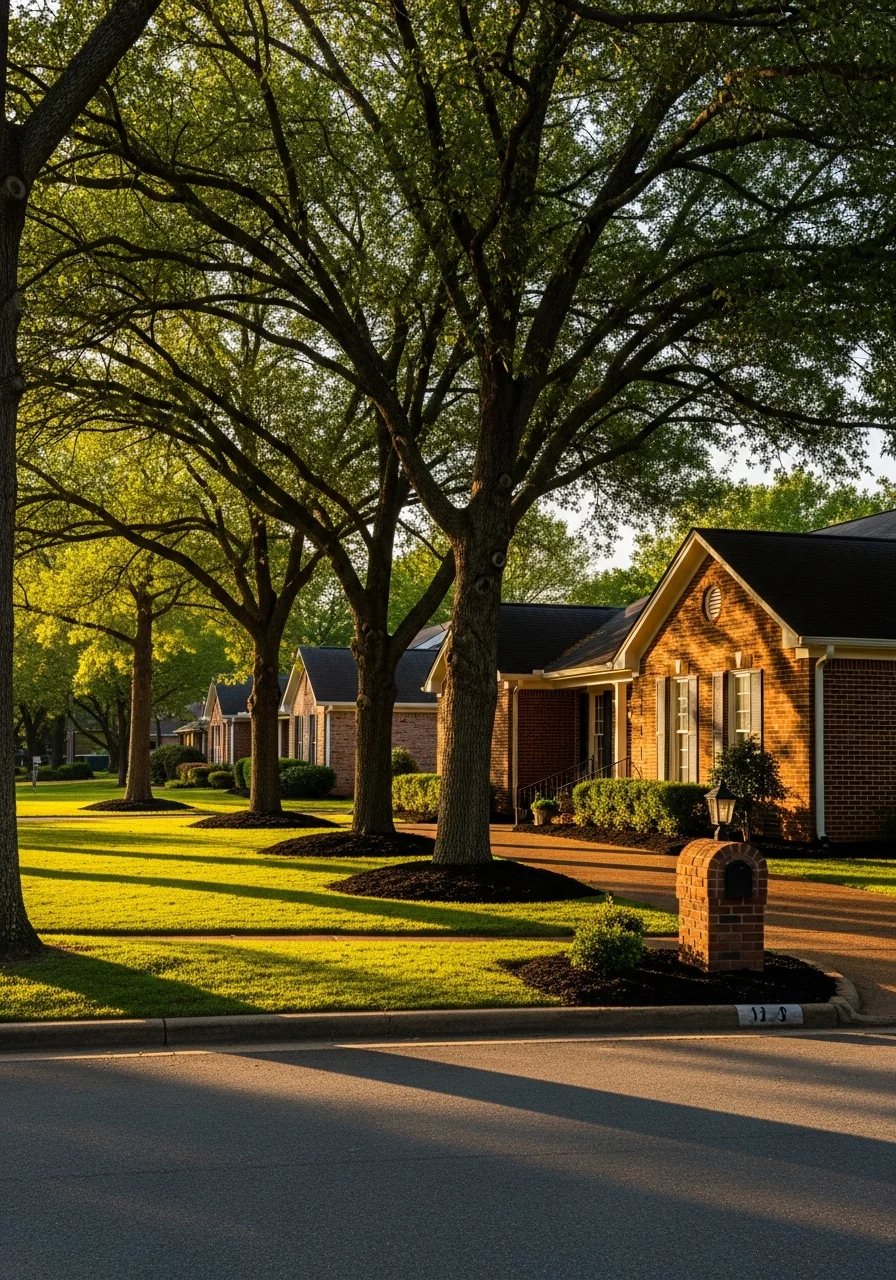 Tupelo residential neighborhood with brick homes, mature trees, and manicured lawns.
