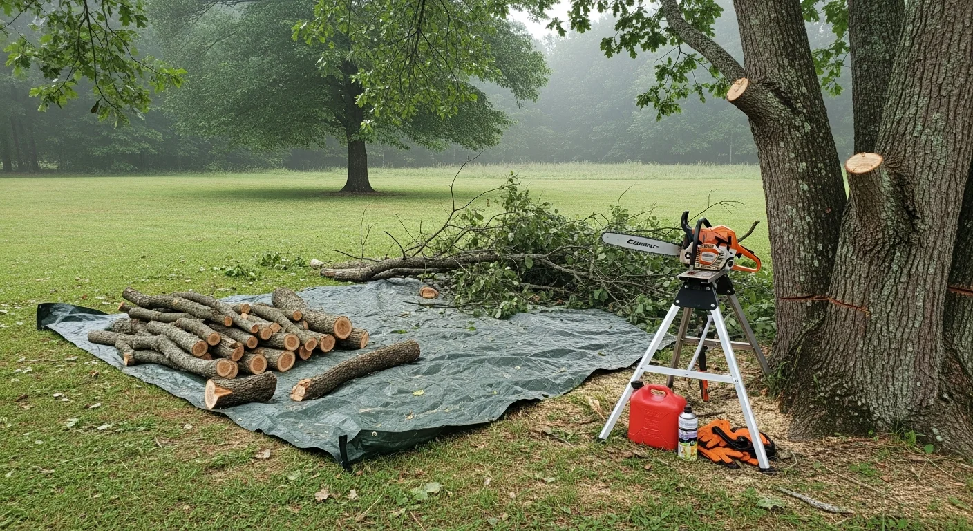 A crew member from Corinth Tree Service cutting a large storm-damaged branch from a pine tree in a residential yard in Corinth, MS. The branch hangs over the roofline of a single-story home with debris visible on the ground below.