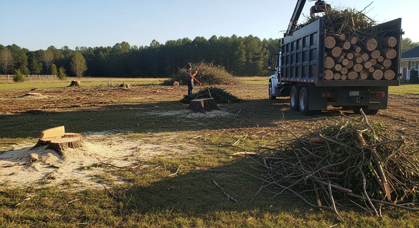 A cleared residential yard in Corinth, MS after debris cleanup, with all storm-downed limbs and brush removed and hauled away. A Corinth Tree Service crew loads the last of the wood debris into a truck, leaving the lawn open and clean.
