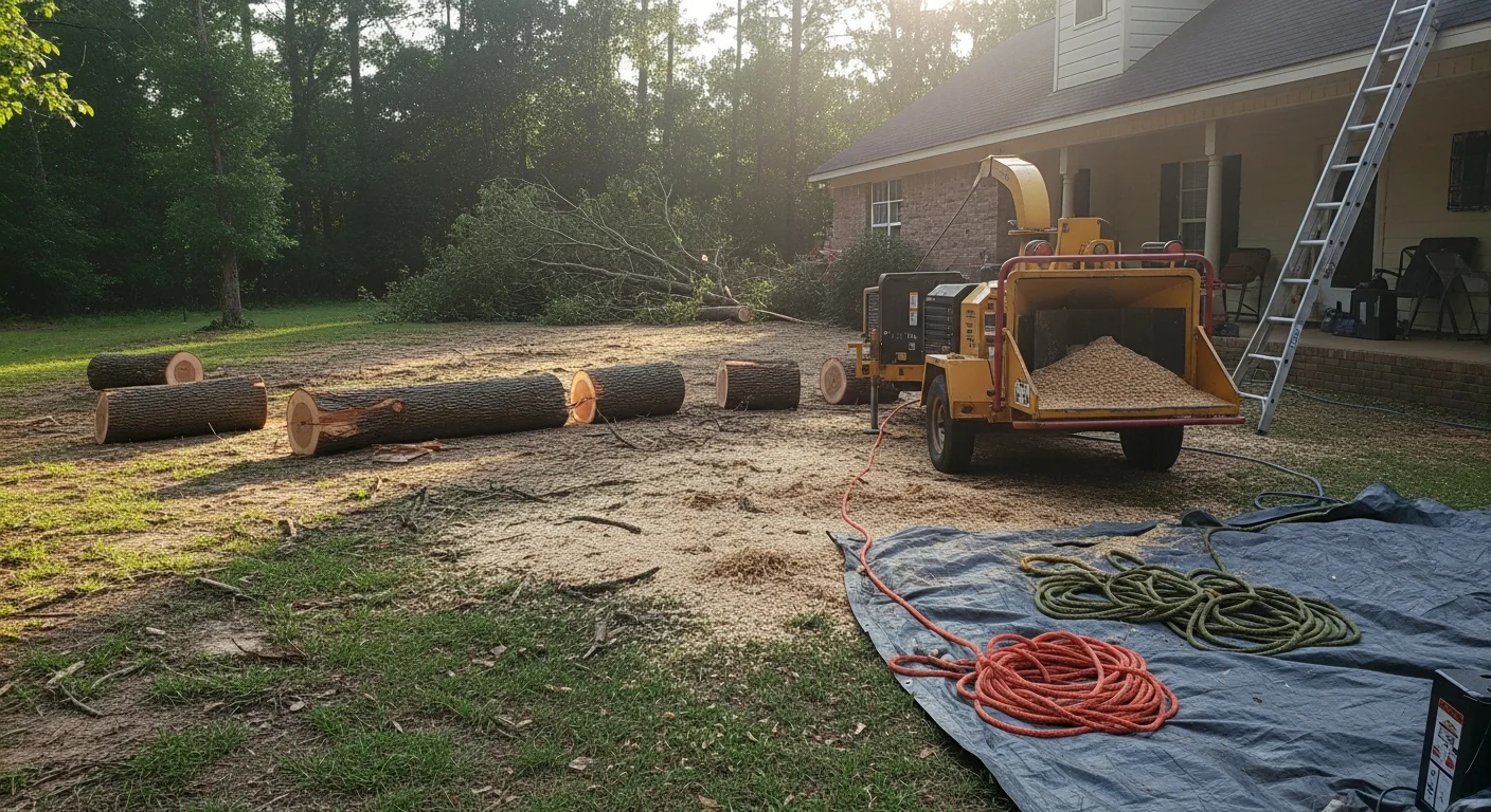 A large storm-felled tree resting against the roof of a residential home in Corinth, MS, with a tree service crew staged nearby preparing rigging equipment for sectional removal. Debris and broken branches are visible across the front yard.