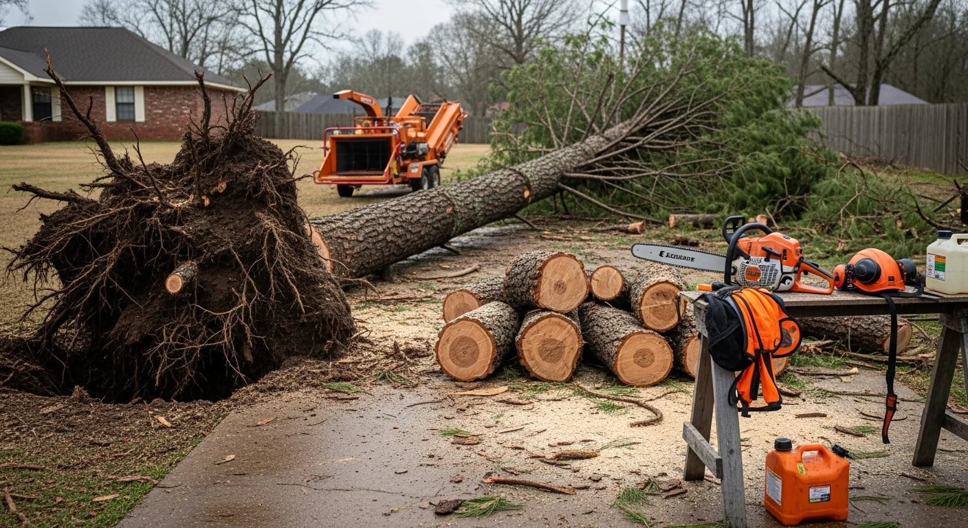 A large fallen sweetgum tree lying across a residential backyard in Corinth, Mississippi, with a crew sectioning the trunk near a wood privacy fence. Debris piles are stacked for removal beside a cleared driveway.