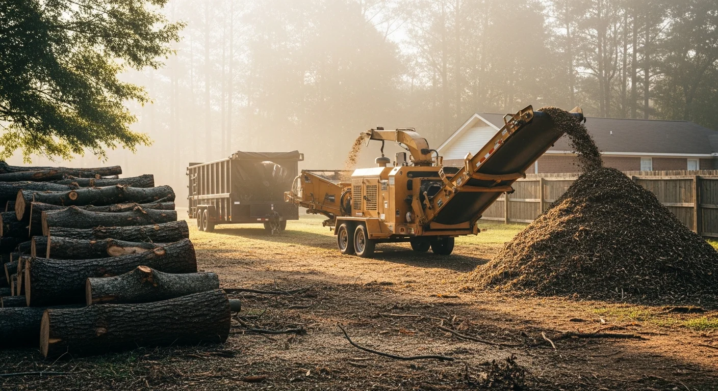 A large fallen pine log sectioned and staged for removal in a residential backyard in Corinth, Mississippi. A crew member stands near the cut timber with a cleared yard visible in the background.