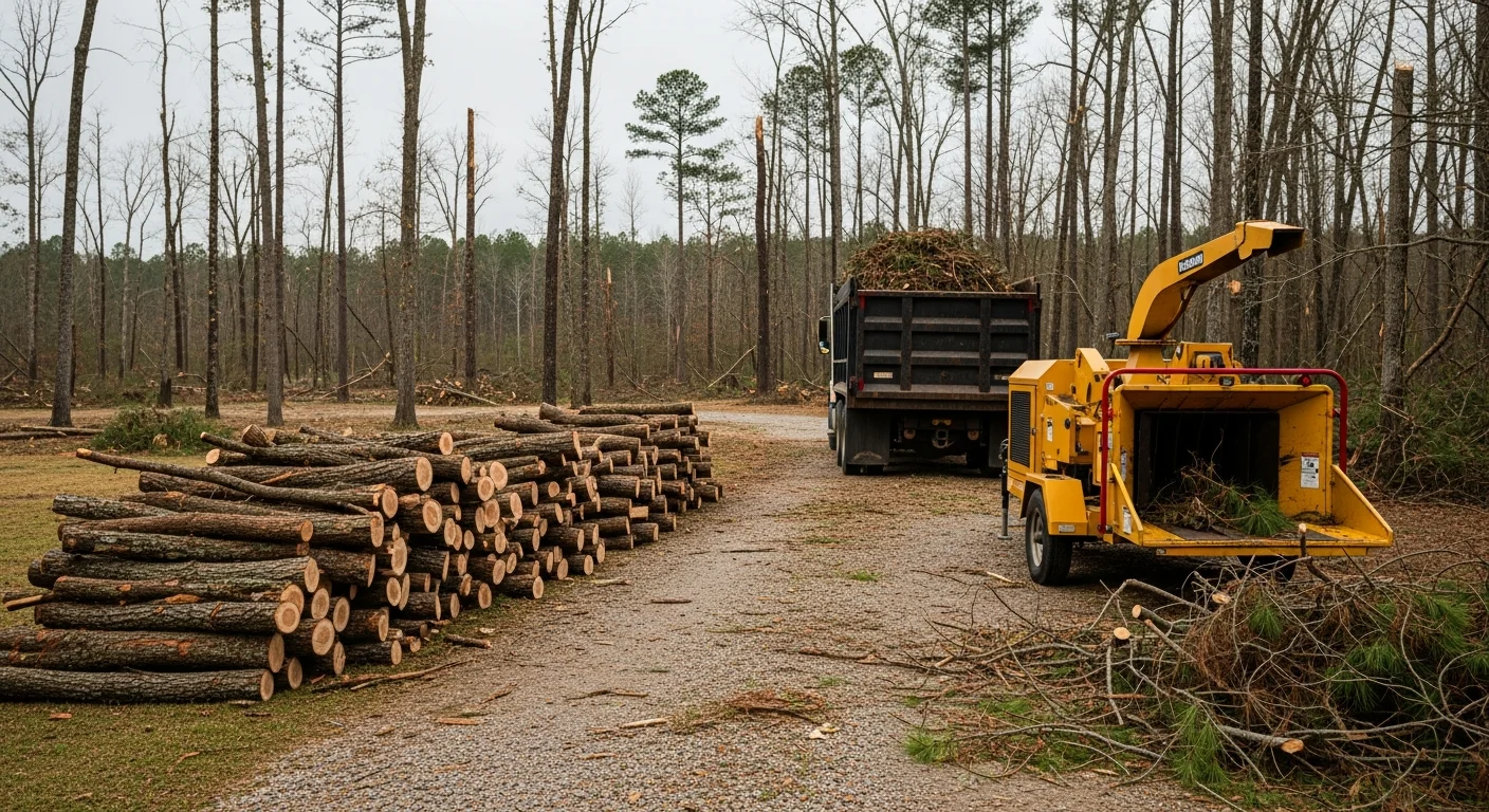 A Corinth Tree Service crew loading large fallen tree limbs and storm debris onto a truck in a residential yard in Corinth, MS. The cleared lawn shows the property after a severe thunderstorm passed through Alcorn County.