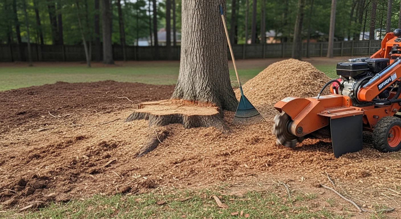 A freshly ground tree stump at a residential property in Corinth, MS, with wood chips spread across the leveled ground and surrounding lawn visible. The cleared area shows no remaining stump above grade, ready for new sod or landscaping.
