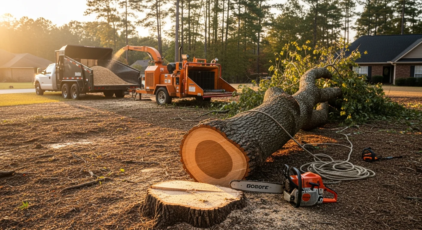 A large storm-damaged pine tree being removed in sections from a residential yard in Corinth, MS, with a crew working near a single-story home. The cleared area shows the tree stump remaining at ground level after the trunk and limbs have been cut away.