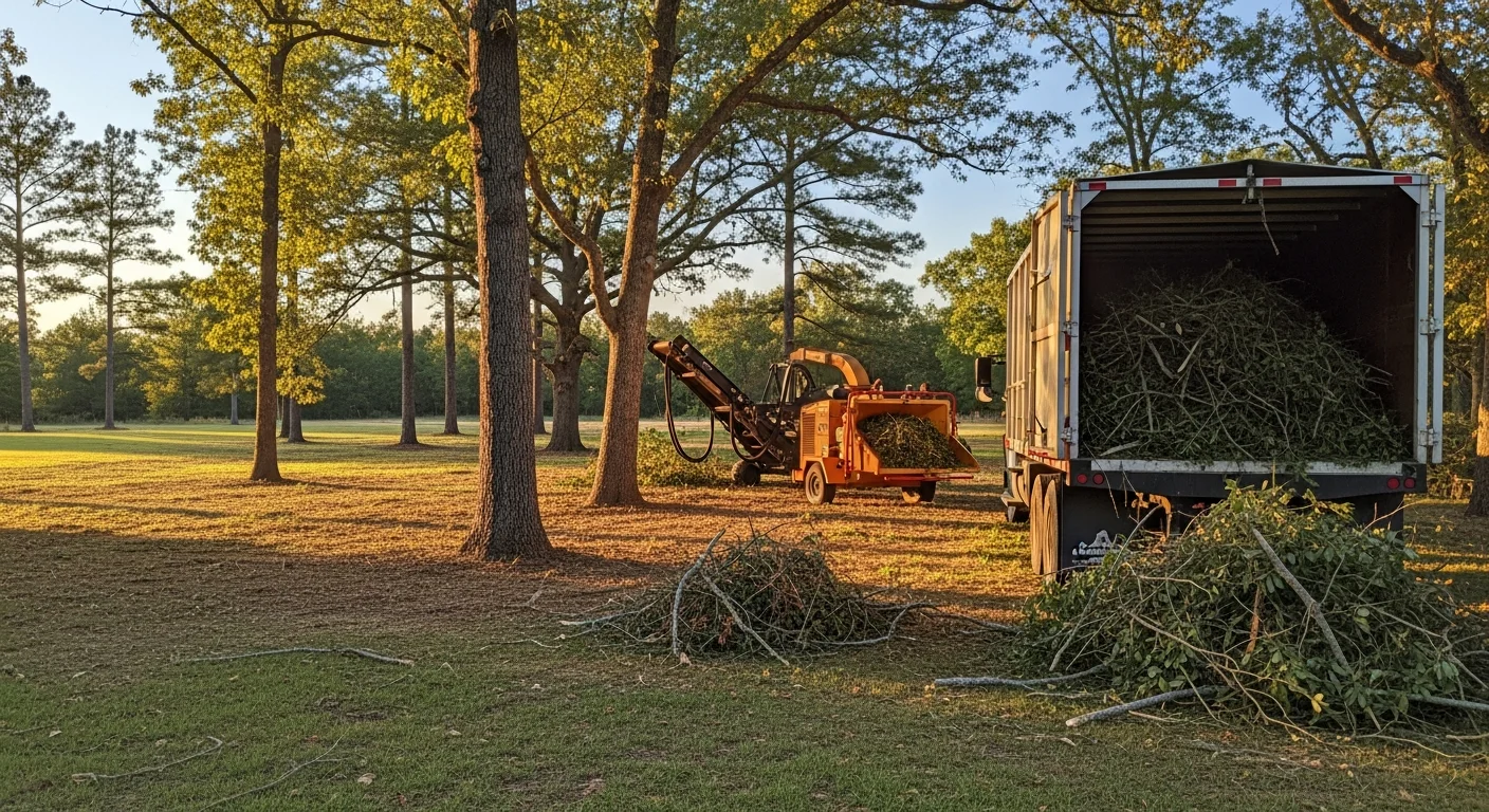 A cleared residential yard in Corinth, MS with a pile of branches, brush, and leaf debris loaded onto a truck by a debris removal crew. The lawn is visible and free of organic waste after the yard waste removal service.